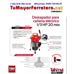 Destapador De Cañería S/Rueda Motor 1/3 Hp 20 Metros 16 Milímetros Para TK-50